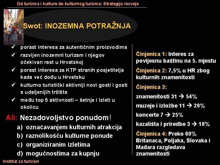 Od turizma i kulture do kulturnog turizma: Strategija razvoja Swot: INOZEMNA POTRAŽNJA porast interesa