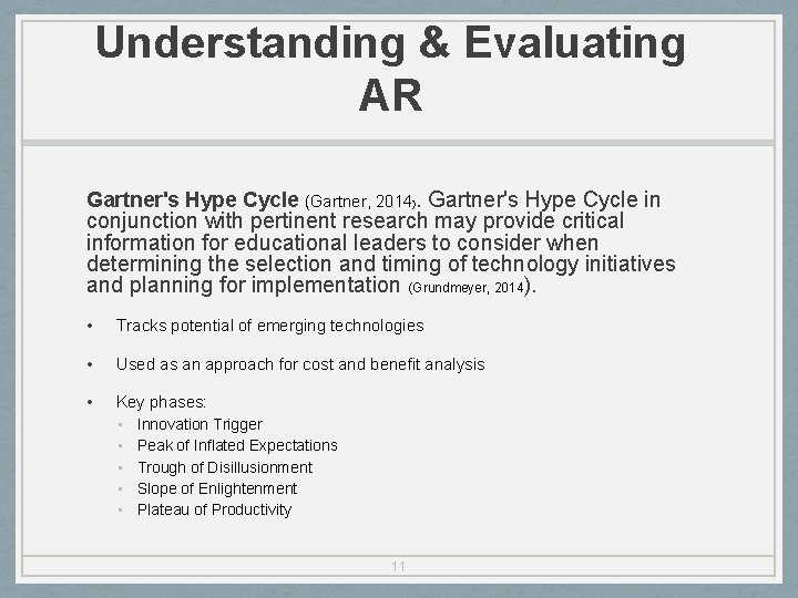 Understanding & Evaluating AR Gartner's Hype Cycle (Gartner, 2014). Gartner's Hype Cycle in conjunction