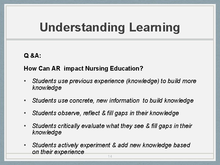 Understanding Learning Q &A: How Can AR impact Nursing Education? • Students use previous