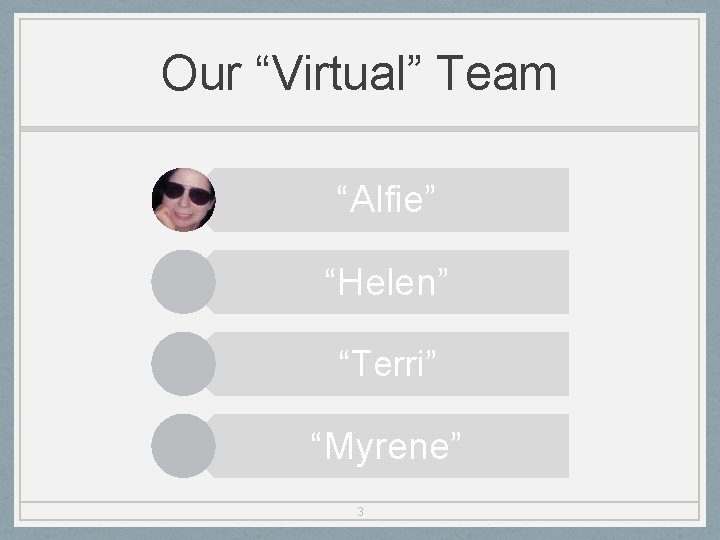 Our “Virtual” Team “Alfie” “Helen” “Terri” “Myrene” 3 
