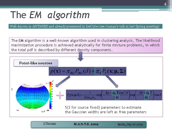 4 The EM algorithm Well-known in ANTARES and already presented in Ice. Cube (see