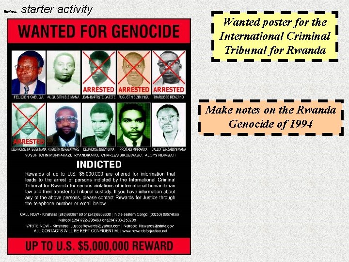  starter activity Wanted poster for the International Criminal Tribunal for Rwanda Make notes