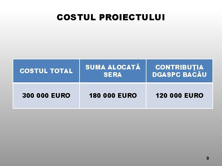 COSTUL PROIECTULUI COSTUL TOTAL SUMA ALOCATĂ SERA CONTRIBUŢIA DGASPC BACĂU 300 000 EURO 180