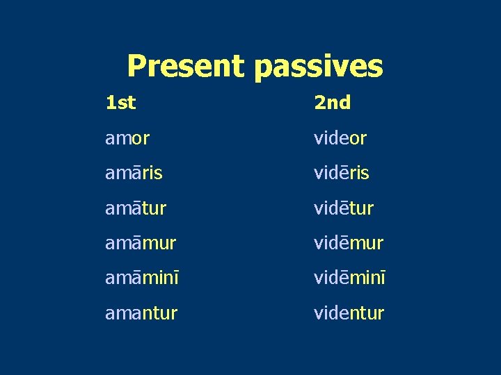 Present passives 1 st 2 nd amor videor amāris vidēris amātur vidētur amāmur vidēmur