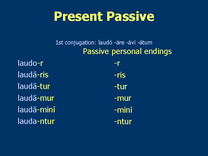 Present Passive 1 st conjugation: laudō -āre -āvī -ātum laudō laudo-r laudā-ris laudā-tur laudā-minī