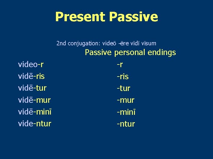 Present Passive 2 nd conjugation: videō -ēre vīdī vīsum videō video-r vidē-ris vidē-tur vidē-minī