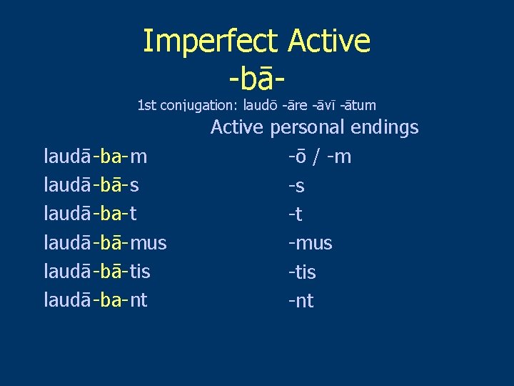 Imperfect Active -bā- 1 st conjugation: laudō -āre -āvī -ātum laudā -ba- m laudā