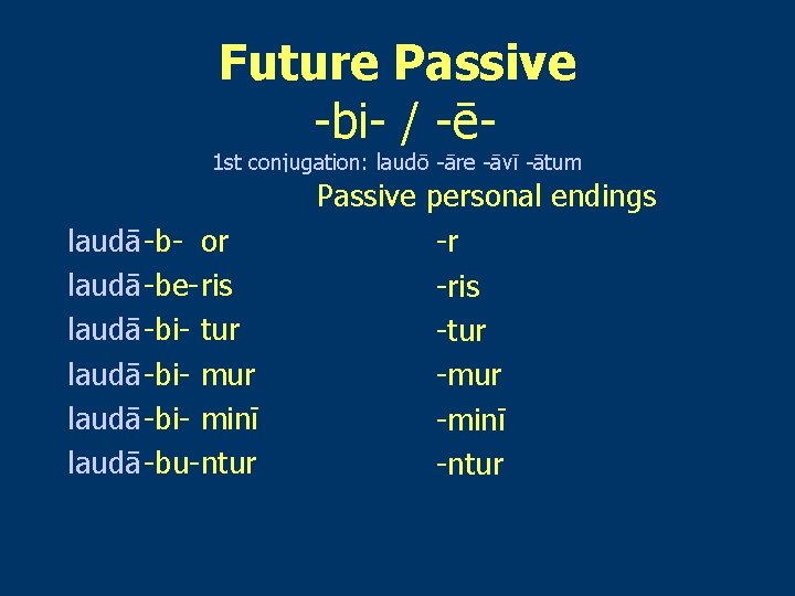 Future Passive -bi- / -ē- 1 st conjugation: laudō -āre -āvī -ātum laudā -b-