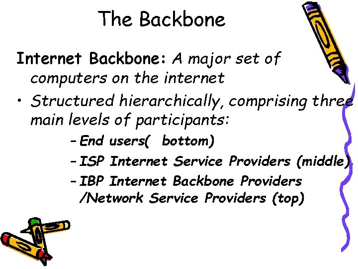 The Backbone Internet Backbone: A major set of computers on the internet • Structured