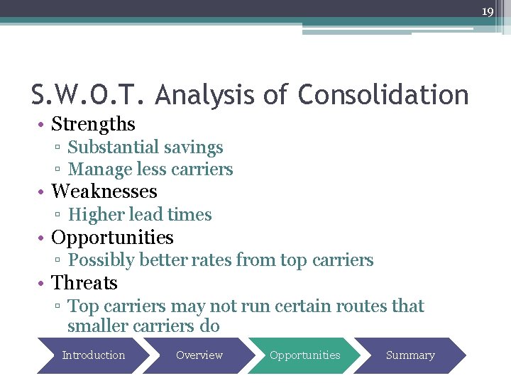 19 S. W. O. T. Analysis of Consolidation • Strengths ▫ Substantial savings ▫