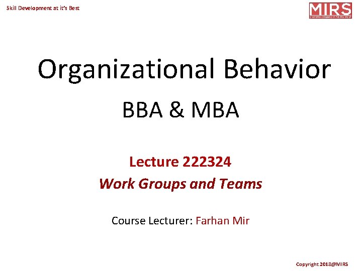 Skill Development at it’s Best Organizational Behavior BBA & MBA Lecture 222324 Work Groups