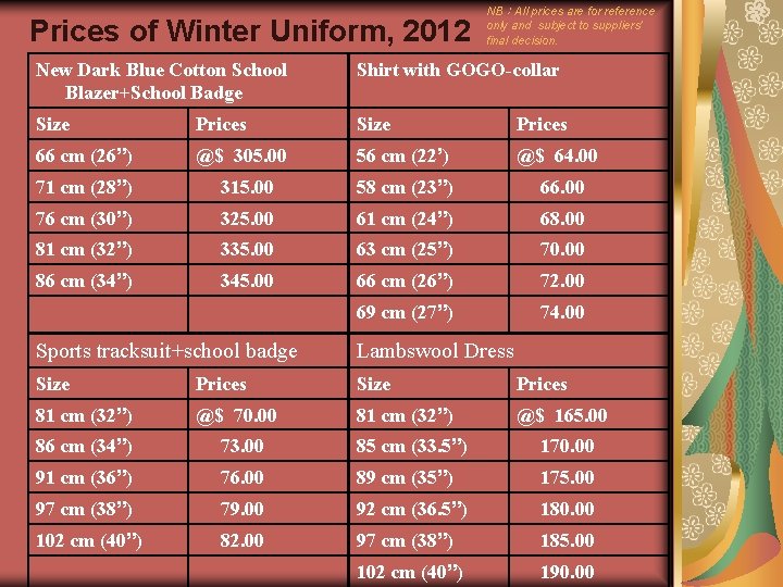Prices of Winter Uniform, 2012 NB:All prices are for reference only and subject to Prices of Winter Uniform, 2012 NB:All prices are for reference only and subject to