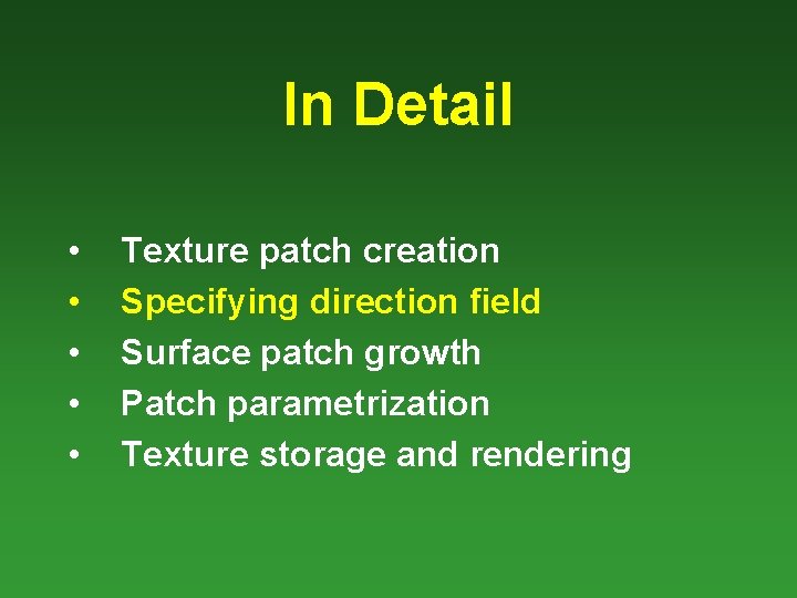 In Detail • • • Texture patch creation Specifying direction field Surface patch growth