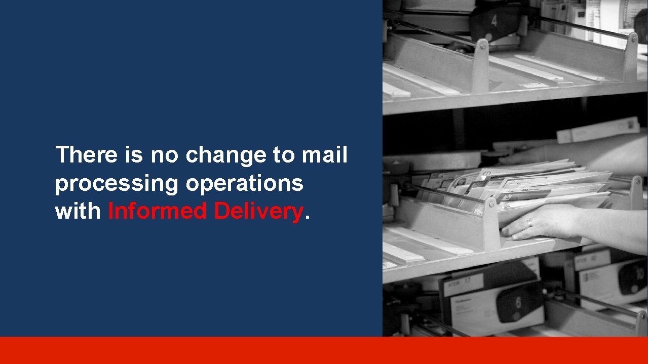 There is no change to mail processing operations with Informed Delivery. 