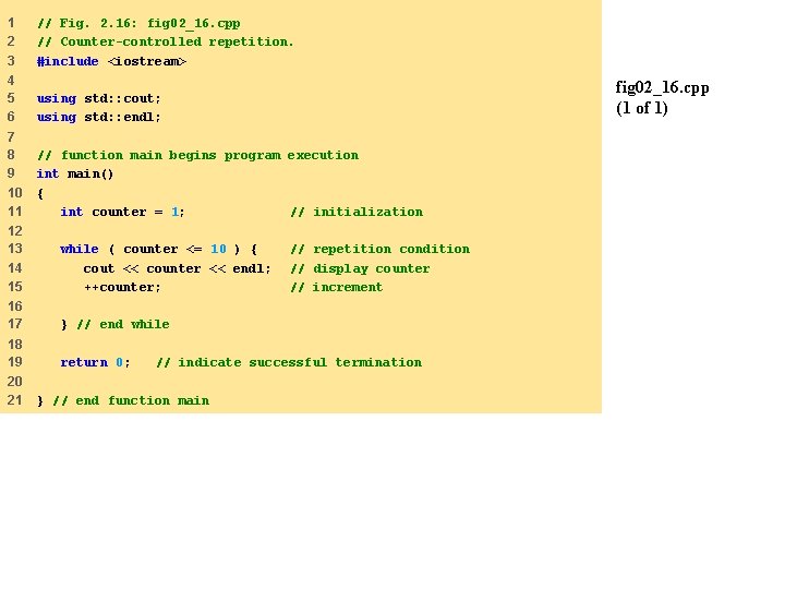 1 2 3 // Fig. 2. 16: fig 02_16. cpp // Counter-controlled repetition. #include