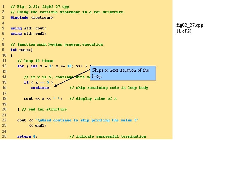 1 2 3 // Fig. 2. 27: fig 02_27. cpp // Using the continue