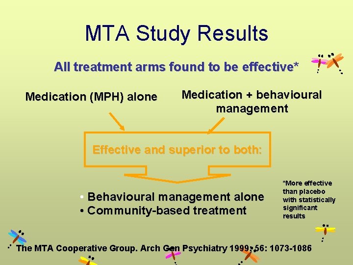 MTA Study Results All treatment arms found to be effective* Medication (MPH) alone Medication