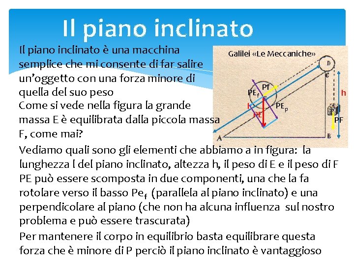 Il piano inclinato è una macchina Galilei «Le Meccaniche» semplice che mi consente di