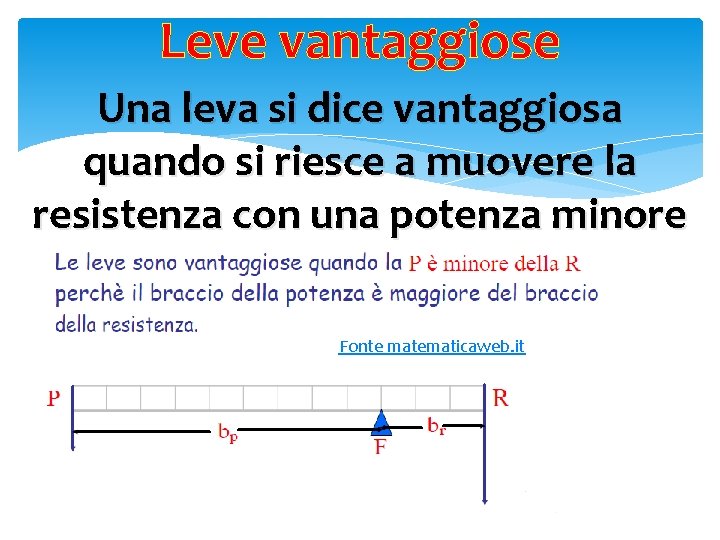 Leve vantaggiose Una leva si dice vantaggiosa quando si riesce a muovere la resistenza