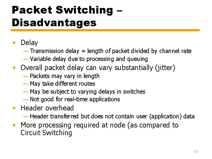 Packet Switching – Disadvantages • Delay — Transmission delay = length of packet divided