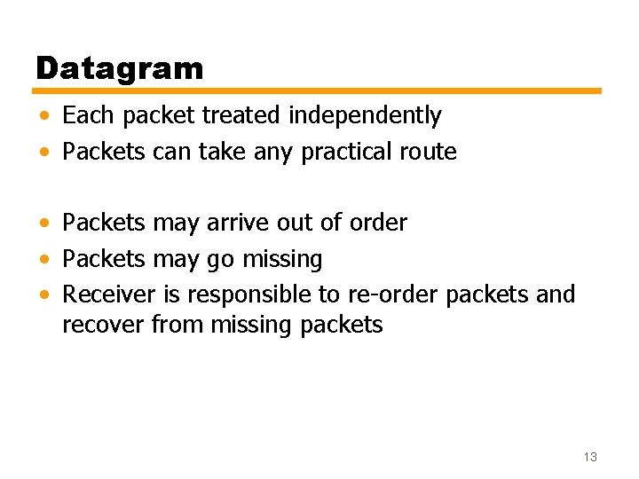 Datagram • Each packet treated independently • Packets can take any practical route •