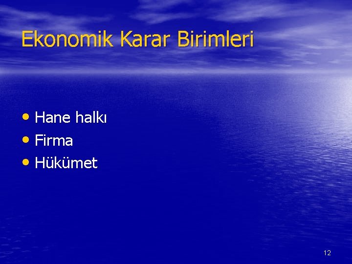 Ekonomik Karar Birimleri • Hane halkı • Firma • Hükümet 12 