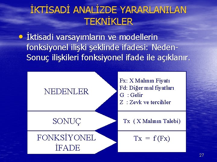 İKTİSADİ ANALİZDE YARARLANILAN TEKNİKLER • İktisadi varsayımların ve modellerin fonksiyonel ilişki şeklinde ifadesi: Neden.