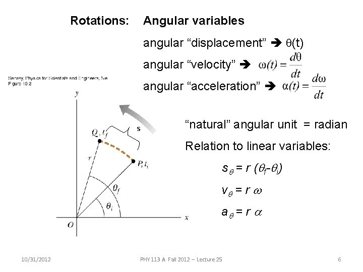 Rotations: Angular variables angular “displacement” q(t) angular “velocity” angular “acceleration” s “natural” angular unit