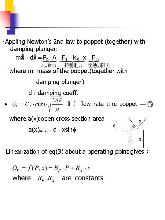 ‧Appling Newton’s 2 nd law to poppet (together) with damping plunger: where m: mass