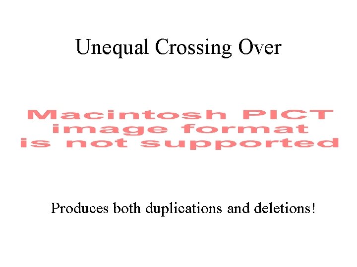 Unequal Crossing Over Produces both duplications and deletions! 