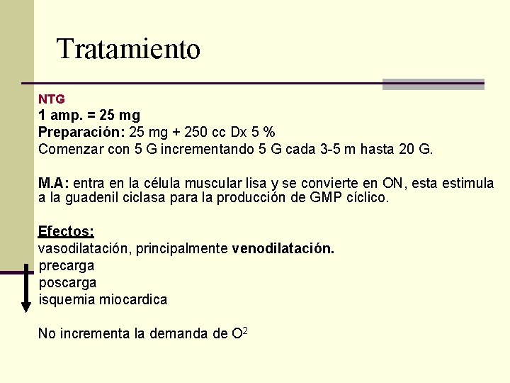 Tratamiento NTG 1 amp. = 25 mg Preparación: 25 mg + 250 cc Dx Tratamiento NTG 1 amp. = 25 mg Preparación: 25 mg + 250 cc Dx