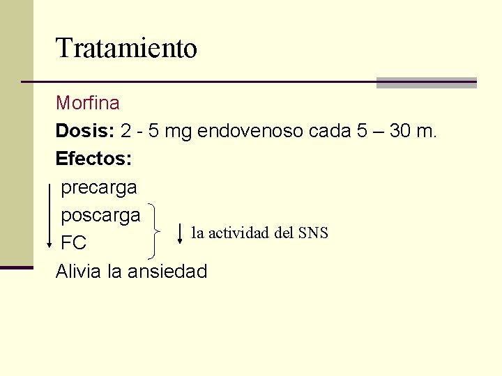 Tratamiento Morfina Dosis: 2 - 5 mg endovenoso cada 5 – 30 m. Efectos: Tratamiento Morfina Dosis: 2 - 5 mg endovenoso cada 5 – 30 m. Efectos:
