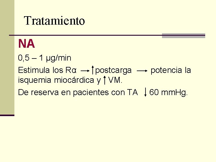 Tratamiento NA 0, 5 – 1 μg/min Estimula los Rα postcarga isquemia miocárdica y Tratamiento NA 0, 5 – 1 μg/min Estimula los Rα postcarga isquemia miocárdica y