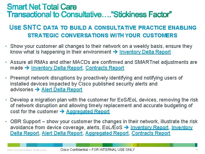 USE SNTC DATA TO BUILD A CONSULTATIVE PRACTICE ENABLING STRATEGIC CONVERSATIONS WITH YOUR CUSTOMERS