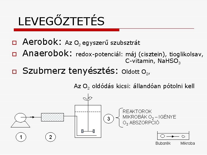 LEVEGŐZTETÉS o Aerobok: Az O 2 egyszerű szubsztrát Anaerobok: redox-potenciál: máj (cisztein), tioglikolsav, o