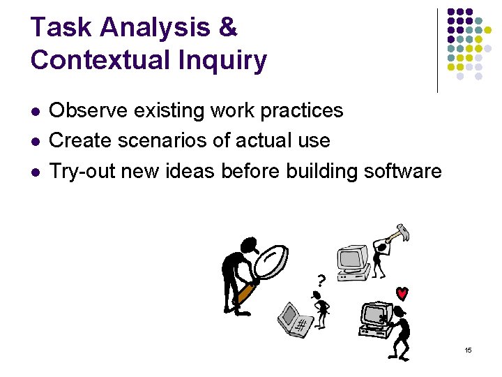 Task Analysis & Contextual Inquiry l l l Observe existing work practices Create scenarios