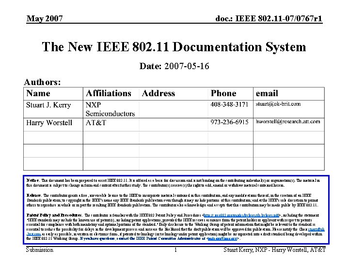 May 2007 doc. : IEEE 802. 11 -07/0767 r 1 The New IEEE 802.