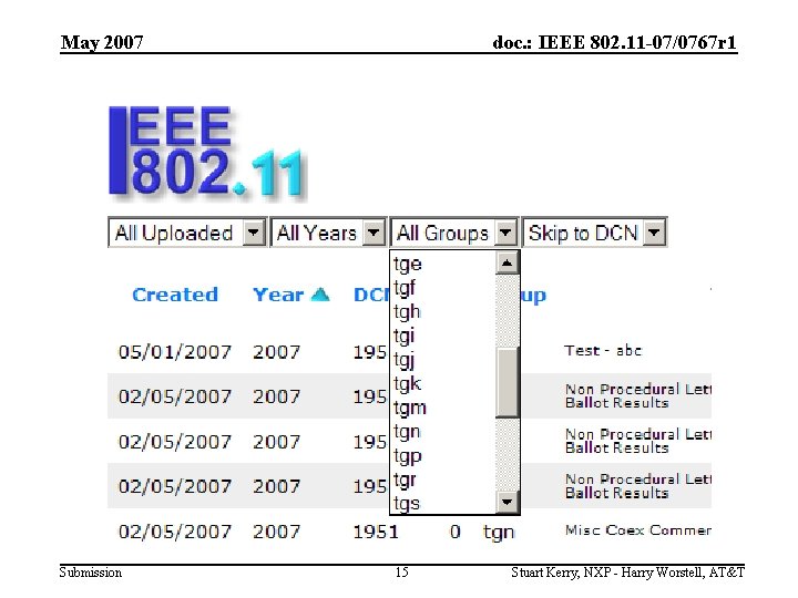 May 2007 Submission doc. : IEEE 802. 11 -07/0767 r 1 15 Stuart Kerry,