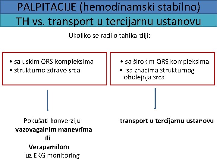 PALPITACIJE (hemodinamski stabilno) TH vs. transport u tercijarnu ustanovu Ukoliko se radi o tahikardiji:
