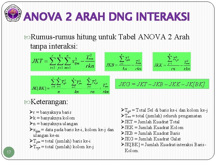ANOVA 2 ARAH DNG INTERAKSI Rumus-rumus hitung untuk Tabel ANOVA 2 Arah tanpa interaksi: