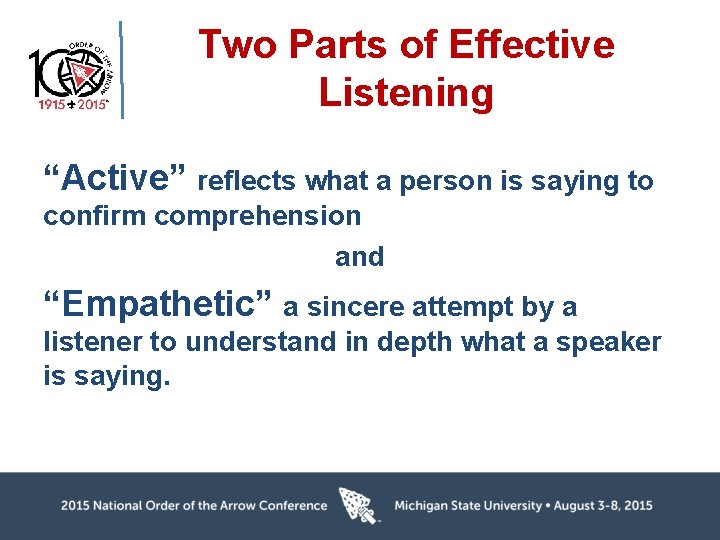 Two Parts of Effective Listening “Active” reflects what a person is saying to confirm