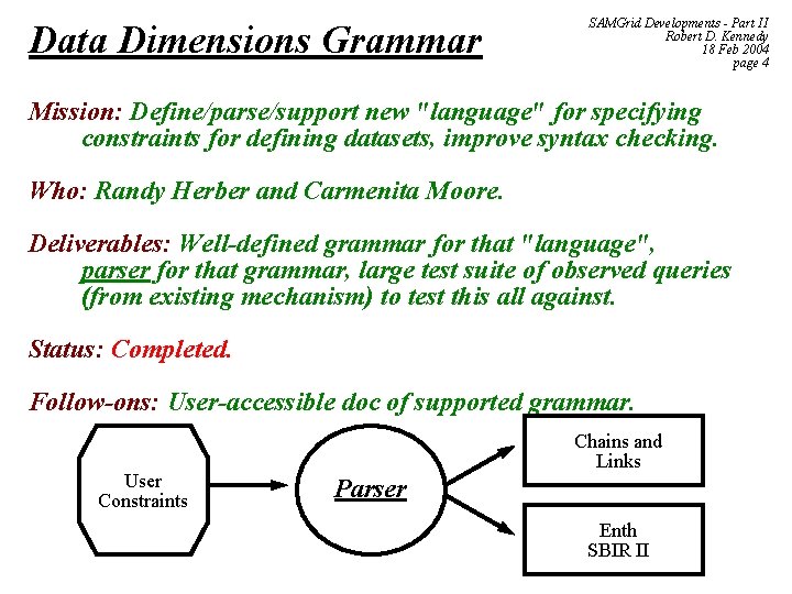 Data Dimensions Grammar SAMGrid Developments - Part II Robert D. Kennedy 18 Feb 2004