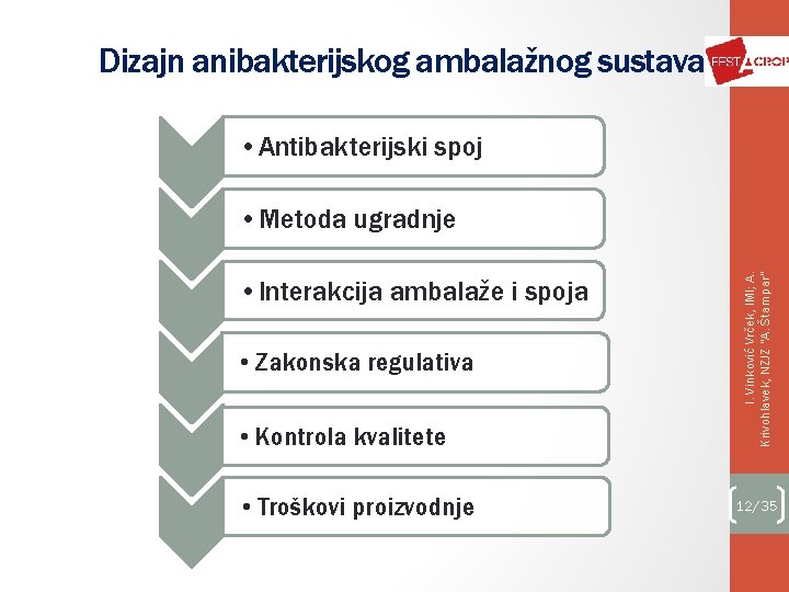 Dizajn anibakterijskog ambalažnog sustava • Antibakterijski spoj • Interakcija ambalaže i spoja • Zakonska