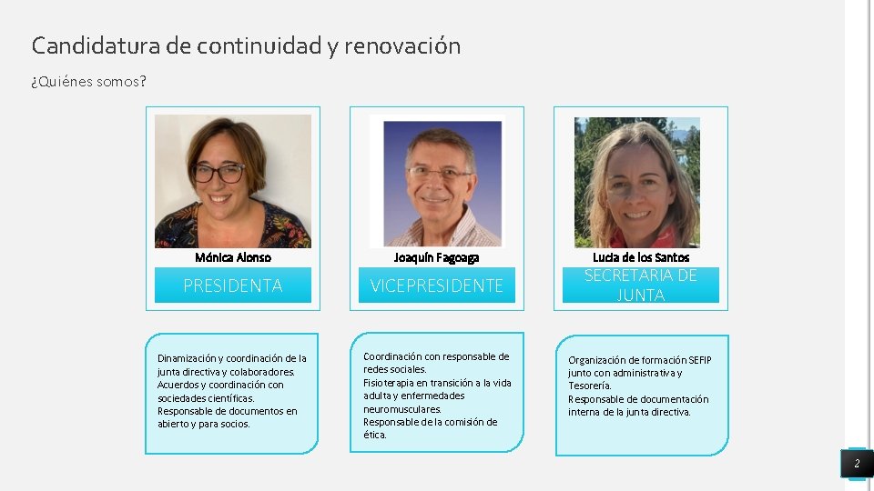 Candidatura de continuidad y renovación ¿Quiénes somos? Mónica Alonso Joaquín Fagoaga PRESIDENTA VICEPRESIDENTE Dinamización