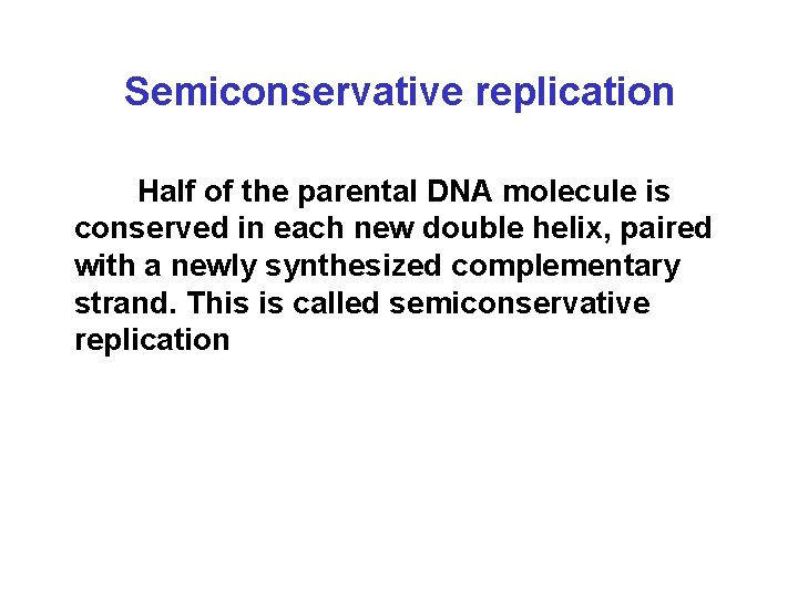 Semiconservative replication Half of the parental DNA molecule is conserved in each new double