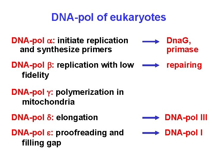 DNA-pol of eukaryotes DNA-pol : initiate replication and synthesize primers Dna. G, primase DNA-pol