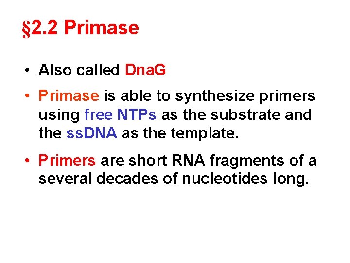 § 2. 2 Primase • Also called Dna. G • Primase is able to