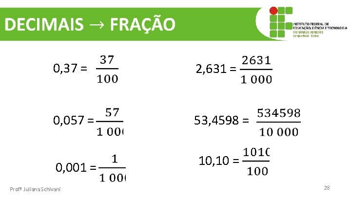  0, 37 = 0, 057 = 0, 001 = Profª Juliana Schivani 2,