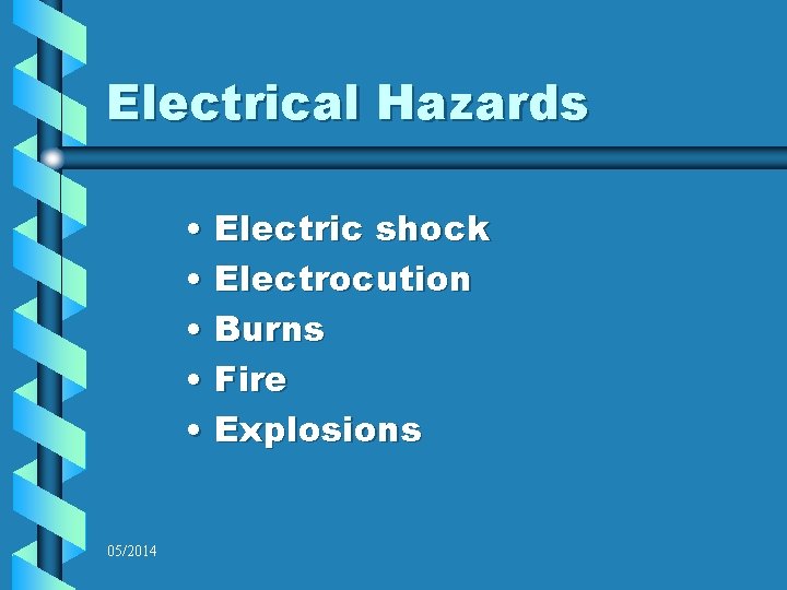 Electrical Hazards • Electric shock • Electrocution • Burns • Fire • Explosions 05/2014
