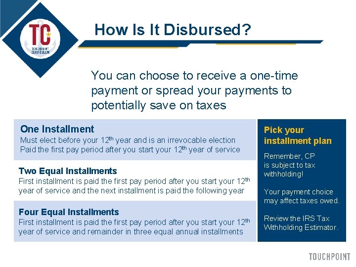 How Is It Disbursed? You can choose to receive a one-time payment or spread